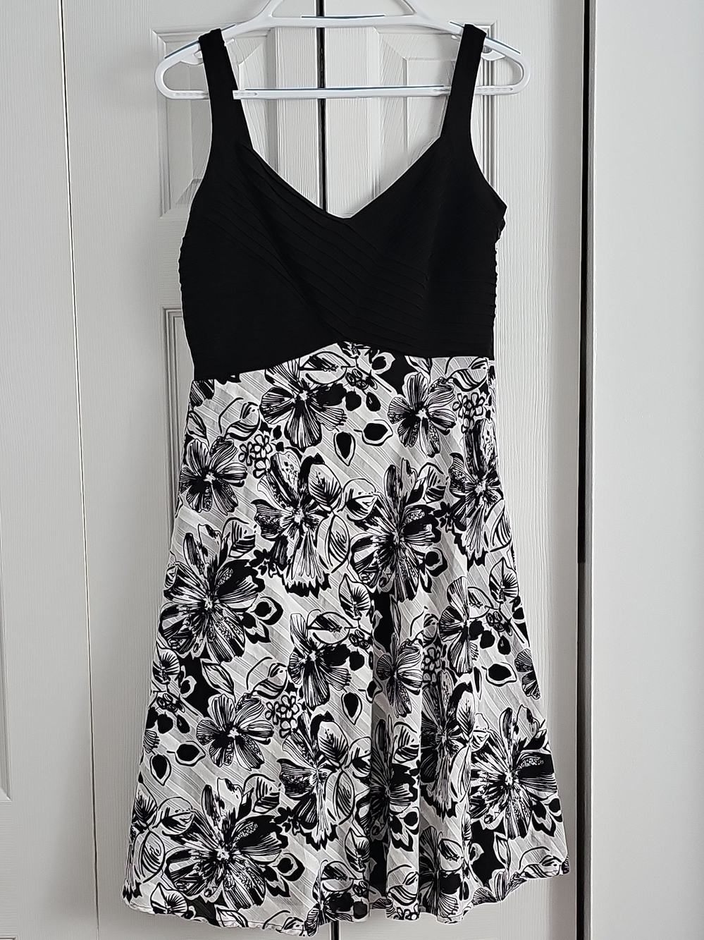 Black & White Floral Fit-and-Flare Midi Dress